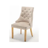 chaise capitonnée velours beige clair avec anneau au dos et pieds métal doré royal - lot de 2