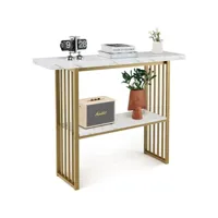 costway table console bout de canapé à 2 niveaux effet marbre de style scandinave, cadre en métal meuble pour entrée, salon, chambre, doré