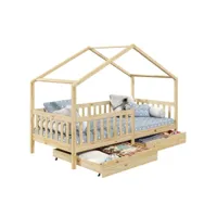 lit cabane elea lit enfant simple montessori 90 x 200 cm, avec 2 tiroirs de rangement, en pin massif à la finition naturelle