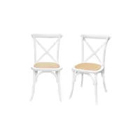 lot de 2 chaises de bistrot en bois d'hévéa blanc. vintage. assise en rotin. empilables