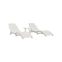 lot de 2 transats chaise longue bain de soleil lit de jardin terrasse meuble d'extérieur avec table blanc bois massif d'acacia helloshop26 02_0012077