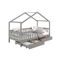 lit cabane elea lit enfant simple 90 x 190 cm, avec 2 tiroirs de rangement, en pin massif lasuré gris