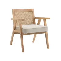 fauteuil lounge avec coussin - dossier en cannage - assise profonde - accoudoirs - structure bois hévéa - aspect lin beige