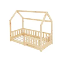lit d'enfant nature en bois avec barrière cadre de sommier à lattes 140x70cm 3000013159