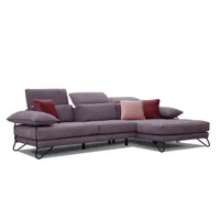 canapé d'angle droit 4 places en tissu violet avec coussins déco