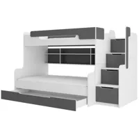 lit superposé bois blanc et gris graphite 3 couchages 90x200 avec étagère et escaliers de rangement karel