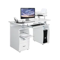 giantex bureau informatique table de bureau en mdf pour ordinateur multi-rangements avec tablette imprimante, tablette à clavier coulissante, 2 tiroirs 120x55x85cm blanc