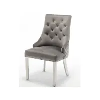 chaise capitonnée velours gris avec anneau au dos et pieds métal chromé royal - lot de 2