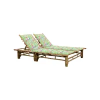 transat chaise longue bain de soleil lit de jardin terrasse meuble d'extérieur pour 2 personnes avec coussins bambou helloshop26 02_0012910