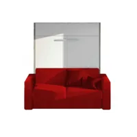 armoire lit à ouverture assistée traccia structure blanche canapé intégré accoudoirs larges tissu rouge couchage 160cm 20100992587