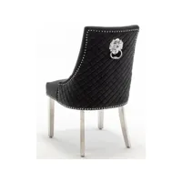 chaise capitonnée velours avec anneau d'un lion au dos et pieds métal chromé elena - lot de 2-couleur noir