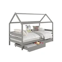 lit cabane clia lit simple pour enfant montessori 90 x 200 cm avec rangement 2 tiroirs et barrières sur 3 côtés, pin massif gris