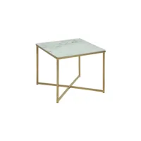table à café carrée effet marbre en verre et métal - l. 50 cm x h. 42 cm - doré et blanc