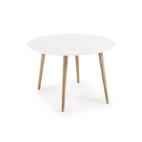 table à manger ronde extensible coloris blanc / naturel en mdf laqué et pieds bois massif - diamètre 120/200 x hauteur 74 cm