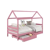 lit cabane clia lit simple pour enfant montessori 90 x 200 cm avec rangement 2 tiroirs et barrières sur 3 côtés, pin rose
