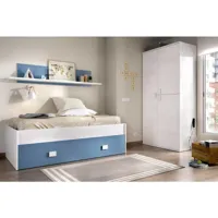 lit pour enfant monviso, lit de rangement pour chambre à coucher, structure pour lit simple avec tiroirs et étagère, 195x97h44 cm, blanc et bleu 8052773872089