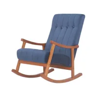 fauteuil à bascule en velours bleu avec boutons décoratifs piètement en bois couleur noyer fab10083