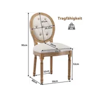 lot de 2 chaises médaillons, avec boutons tuftés, style louis-xvi, pieds en bois massif, assise en lin, 95x60x50cm, crème