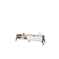meuble tv 1 tiroir et 2 étagères kyoko l160xh36cm bois chêne et blanc