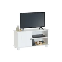 meuble tv belfort banc télé de 94 cm en bois avec 1 porte et 2 niches, en pin massif lasuré blanc