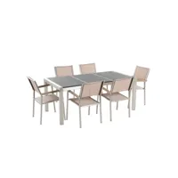 table de jardin en plateau granit noir flambé 180 cm et 6 chaises beiges grosseto 34392