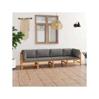 canapé fixe 4 places de jardin  sofa banquette de jardin et coussins gris bois de teck massif meuble pro frco63695