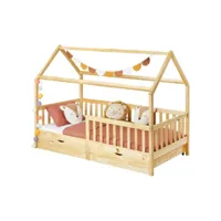 lit cabane nuna lit enfant simple montessori en bois 90 x 200 cm, avec rangement 2 tiroirs, en pin massif à la finition naturelle
