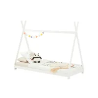 lit tipi elin lit enfant simple en bois type montessori, 90 x 200 cm, en pin massif lasuré blanc