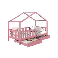 lit cabane elea lit enfant simple montessori 90 x 200 cm, avec 2 tiroirs de rangement, en pin massif lasuré rose