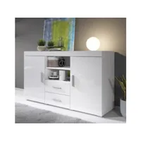 buffet bahut 2 portes 2 tiroirs  140 x 80 x 40 cm  couleur blanc finition brillante  meuble de rangement  modèle roque apsd034whwh