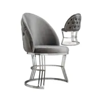 lot de 2 chaises de salle à manger design avec capitonnage à l'arrière revêtement en velours gris foncé et piètement en acier inoxydable argenté collection javed viv-112838