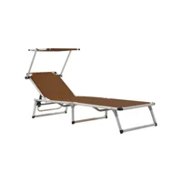 transat chaise longue bain de soleil lit de jardin terrasse meuble d'extérieur pliable avec auvent aluminium et textilène marron helloshop26 02_0012818