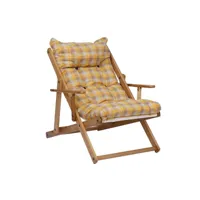 fauteuil en bois pliant 3 positions - coussin en tissu jaune ecossais