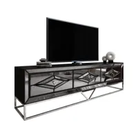 meuble tv design 3 tiroirs en miroir fumé avec piètement en acier chromé argenté l. 208 x p. 48 x h. 66 cm collection lexus viv-97506