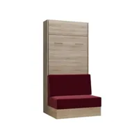 armoire lit escamotable dynamo sofa canapé intégré chêne naturel tissu rouge 90*200 cm 20100892815
