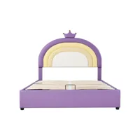 lit coffre pour enfant 140x200cm - en similicuir - avec tête de lit réglable en hauteur - avec sommier à lattes - violet