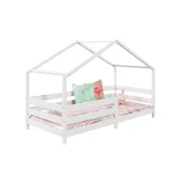 lit cabane rena lit simple montessori pour enfant 90 x 200 cm, avec barrières de protection, en pin massif lasuré blanc