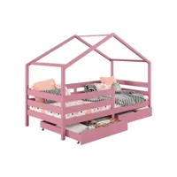 lit cabane ena lit enfant simple montessori 90 x 190 cm, avec 2 tiroirs de rangement, en pin massif lasuré rose
