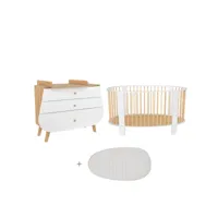 lit bébé 60x120 et commode avec plan à langer cocon - blanc et bois
