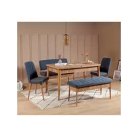 set table extensible, 2 chaises, banc et banquette malva bois clair et tissu bleu foncé