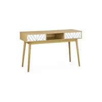 console décor bois & blanc - mika - 2 tiroirs. 1 casier de rangement. pieds scandinaves. l 120 x l 48 x h 75cm