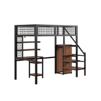 lit mezzanine pour enfants 90x200cm avec armoire à structure en fer et table d'ordinateur,noir
