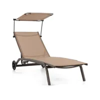 giantex chaise longue avec pare-soleil réglable-bain de soleil dossier réglable à 6 niveaux avec roulettes-charge 150kg marron