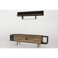 ensemble meuble tv et étagère murale moderne sana bois foncé et métal noir