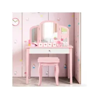 coiffeuse pour enfants 2 en 1 avec miroir amovible et pliable, 1 grand tiroir style princesse rose