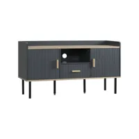 meuble tv banc tv design urban craft - 2 portes, tiroir, niche, plateau rebord - piètement acier - mdf gris aspect chêne clair