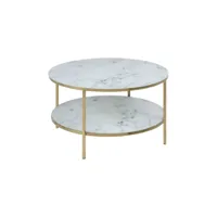 table basse ronde effet marbre en verre et métal 2 niveaux - l.80 cm x h. 45 cm - doré et blanc