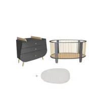 lit bébé 60x120 et commode avec plan à langer cocon - gris anthracite et bois