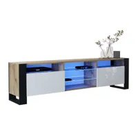 meuble tv 200 cm lovy led chêne mat et blanc laqué - style industriel