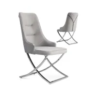 lot de 2 chaises de salle à manger design en velours coloris gris clair avec piètement en acier argenté  collection adore l. 40 x p. 56 x h. 93 cm viv-97676